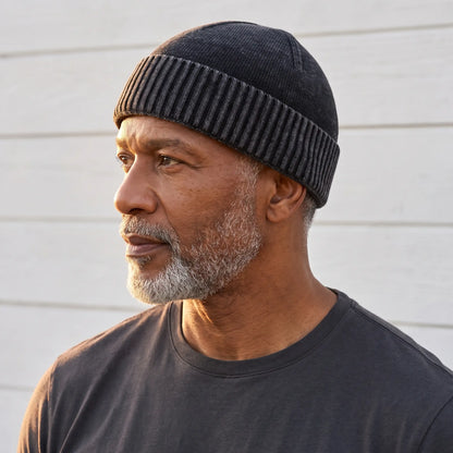 Black washed knit beanie for men with a deep ribbed turn-up cuff