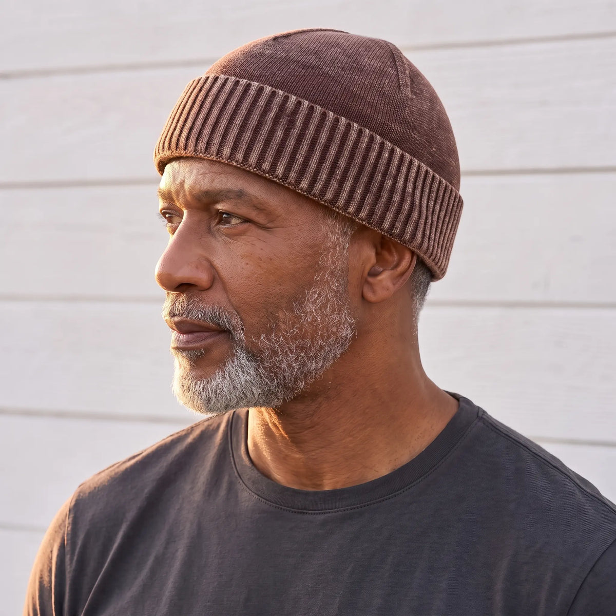Brown washed knit beanie for men with a deep ribbed turn-up cuff