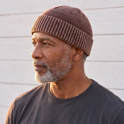 Brown washed knit beanie for men with a deep ribbed turn-up cuff