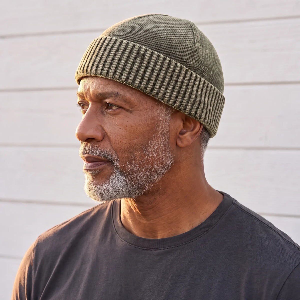 Khaki washed knit beanie for men with a deep ribbed turn-up cuff