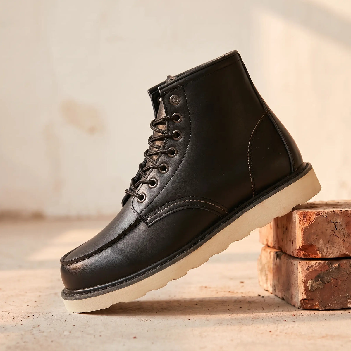Black waterproof leather boots for men, moc-toe lace-up work boot with cream wedge sole