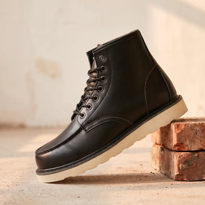 Black waterproof leather boots for men, moc-toe lace-up work boot with cream wedge sole