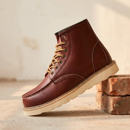 Red waterproof leather boots for men, moc-toe lace-up work boot with cream wedge sole