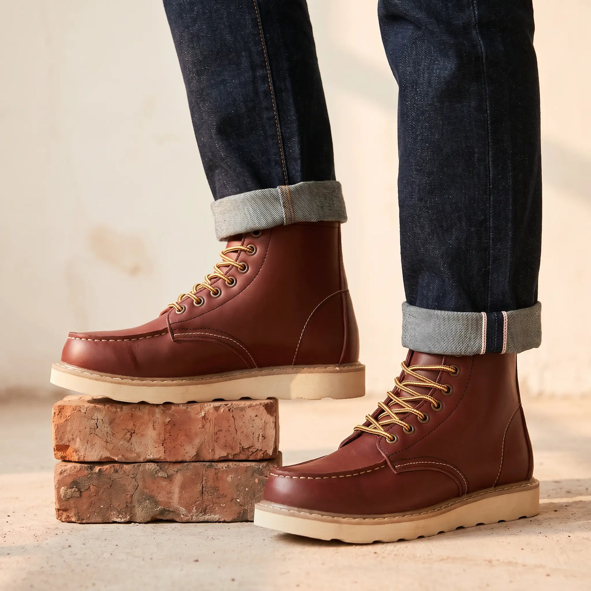 Man wearing red waterproof leather boots with cuffed jeans on a brick step