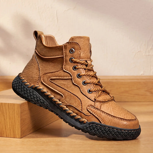 WAVE PANEL BOOTS in brown, men's high-top lace-up boot with wave-stitched side panels and braided hand stitching around the sole