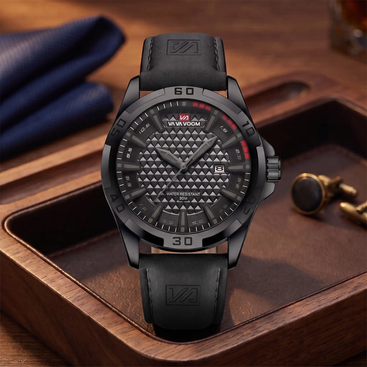 WEEKEND SPORT WATCH in black, men's 45mm quartz watch with numbered bezel, textured dial, date window and leather strap