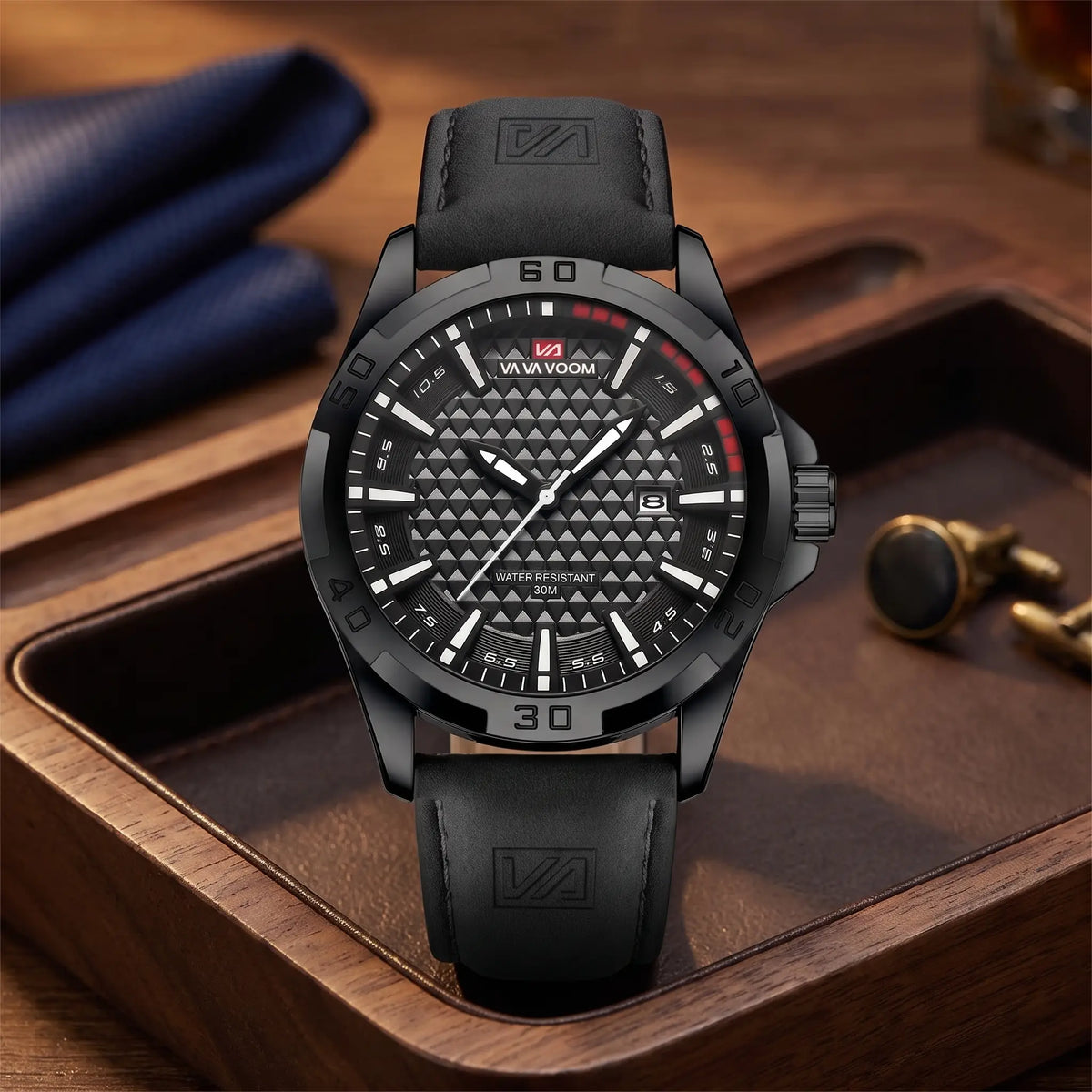 WEEKEND SPORT WATCH in black white, men's 45mm quartz watch with numbered bezel, textured dial, date window and leather strap