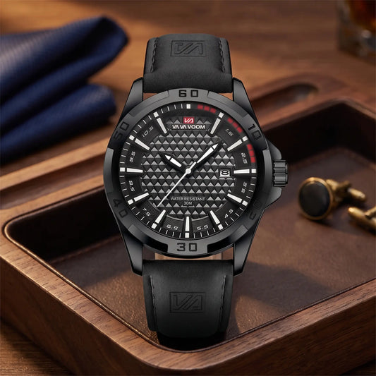 WEEKEND SPORT WATCH in black white, men's 45mm quartz watch with numbered bezel, textured dial, date window and leather strap