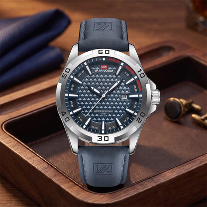 WEEKEND SPORT WATCH in blue, men's 45mm quartz watch with numbered bezel, textured dial, date window and leather strap