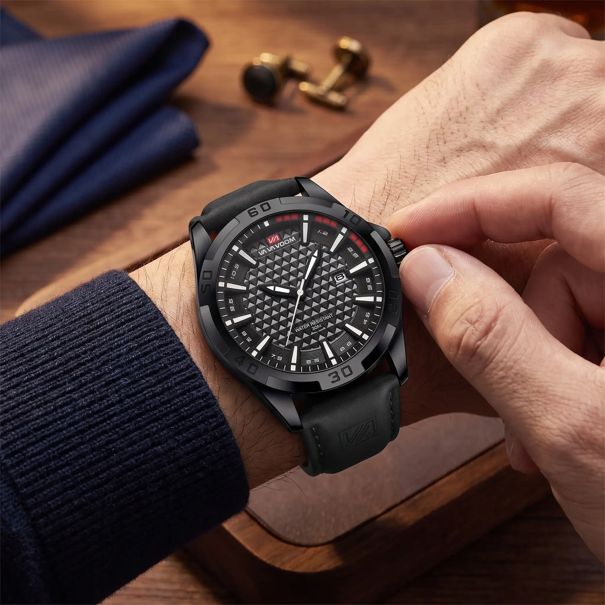 Man setting the time on the WEEKEND SPORT WATCH in black white