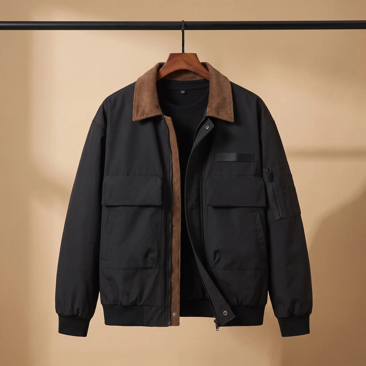 WEEKEND WORK JACKET in black, men's light work jacket with brown corduroy collar and flap chest pockets