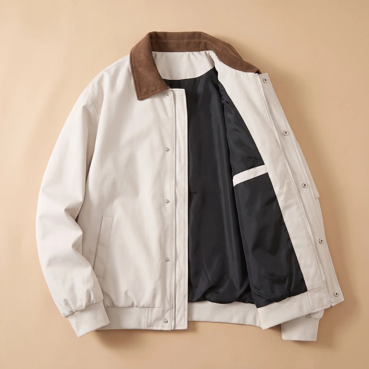 WEEKEND WORK JACKET laid open showing the black lining, white