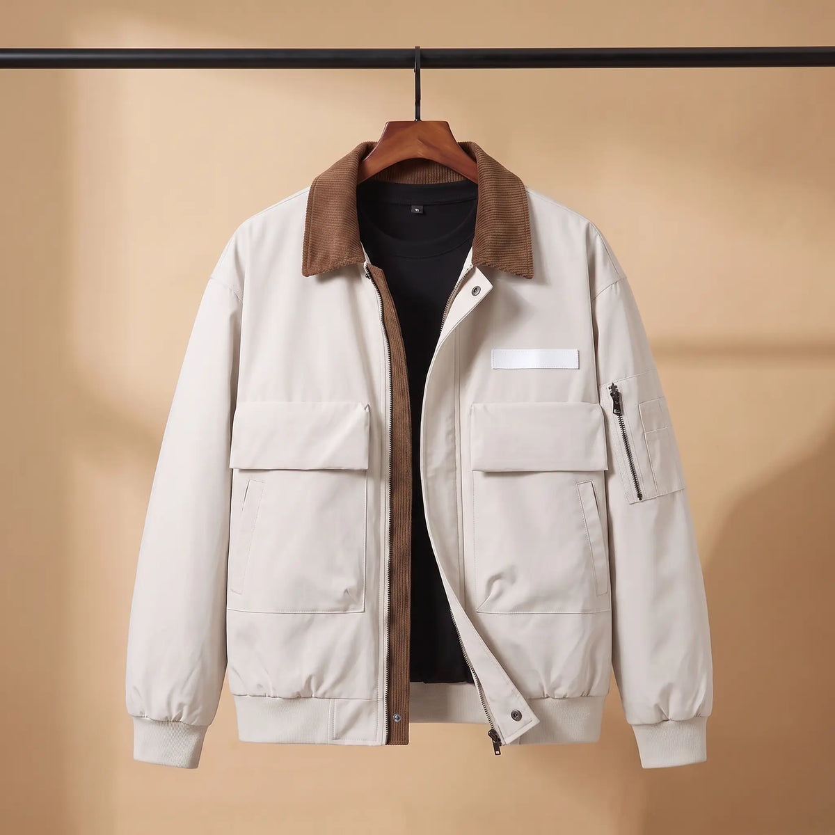 WEEKEND WORK JACKET in white, men's light work jacket with brown corduroy collar and flap chest pockets