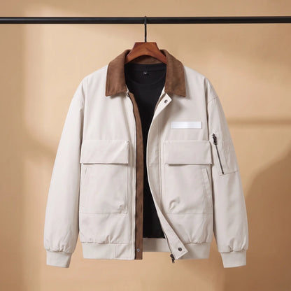 WEEKEND WORK JACKET in white, men's light work jacket with brown corduroy collar and flap chest pockets