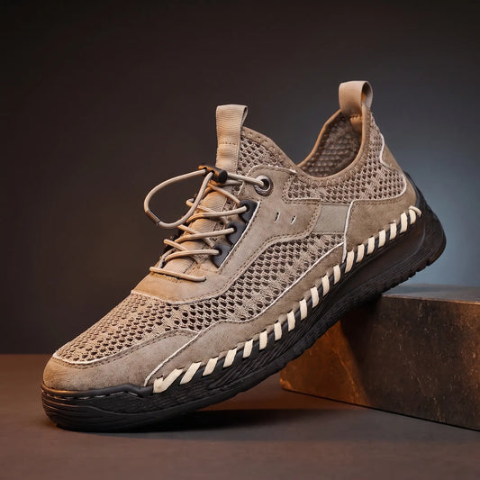 Sand breathable mesh walking sneakers with cream whipstitch sole band