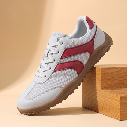 Wide Toe Trail Sneakers in light gray with red side stripes and gum sole