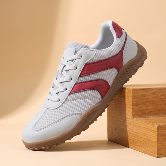 Wide Toe Trail Sneakers in light gray with red side stripes and gum sole