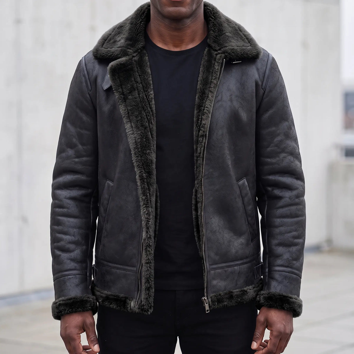 WIDE COLLAR JACKET with black shearling, men's B-3 style aviator jacket in distressed black leather worn open