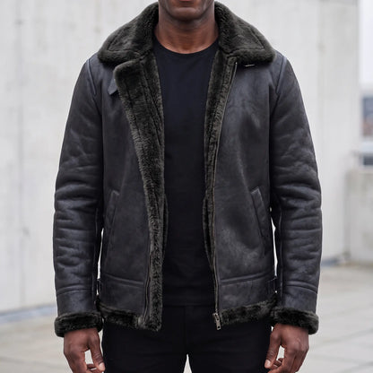 WIDE COLLAR JACKET with black shearling, men's B-3 style aviator jacket in distressed black leather worn open