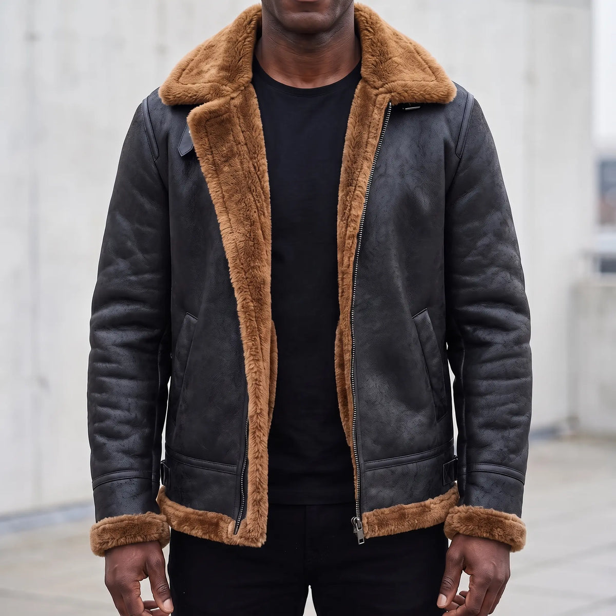 WIDE COLLAR JACKET with ginger tan shearling, men's B-3 style aviator jacket in distressed black leather worn open