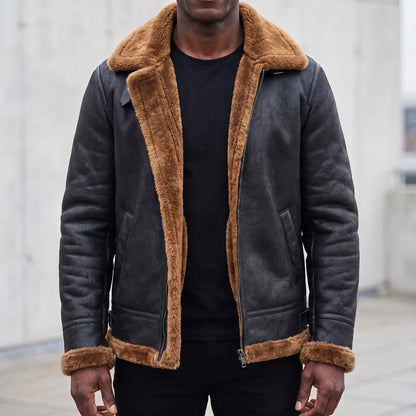 WIDE COLLAR JACKET with ginger tan shearling, men's B-3 style aviator jacket in distressed black leather worn open