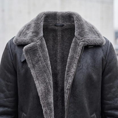 Close detail of WIDE COLLAR JACKET showing the wide fold-down shearling collar and front zip