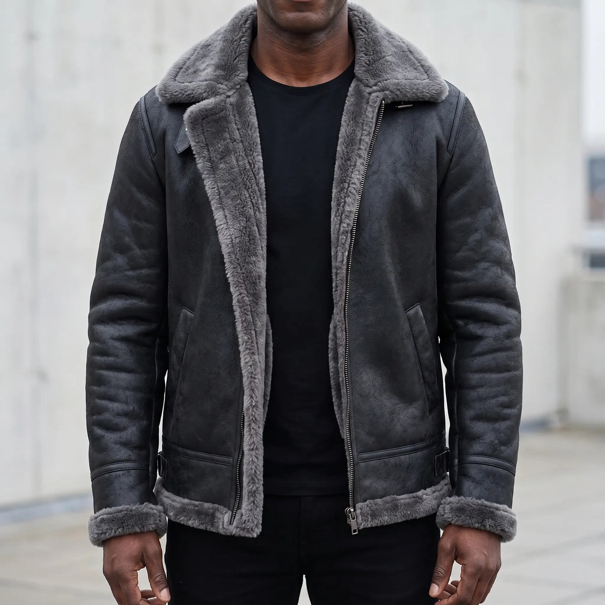 WIDE COLLAR JACKET with grey shearling, men's B-3 style aviator jacket in distressed black leather worn open