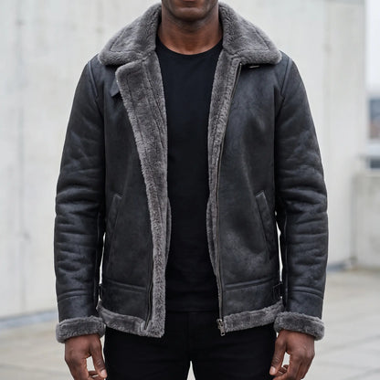 WIDE COLLAR JACKET with grey shearling, men's B-3 style aviator jacket in distressed black leather worn open