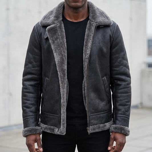 WIDE COLLAR JACKET with grey shearling, men's B-3 style aviator jacket in distressed black leather worn open