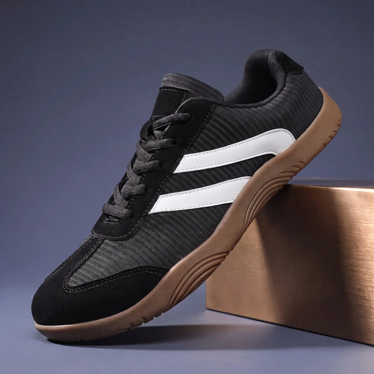 Black wide toe barefoot sneakers with white stripes and thin gum rubber sole