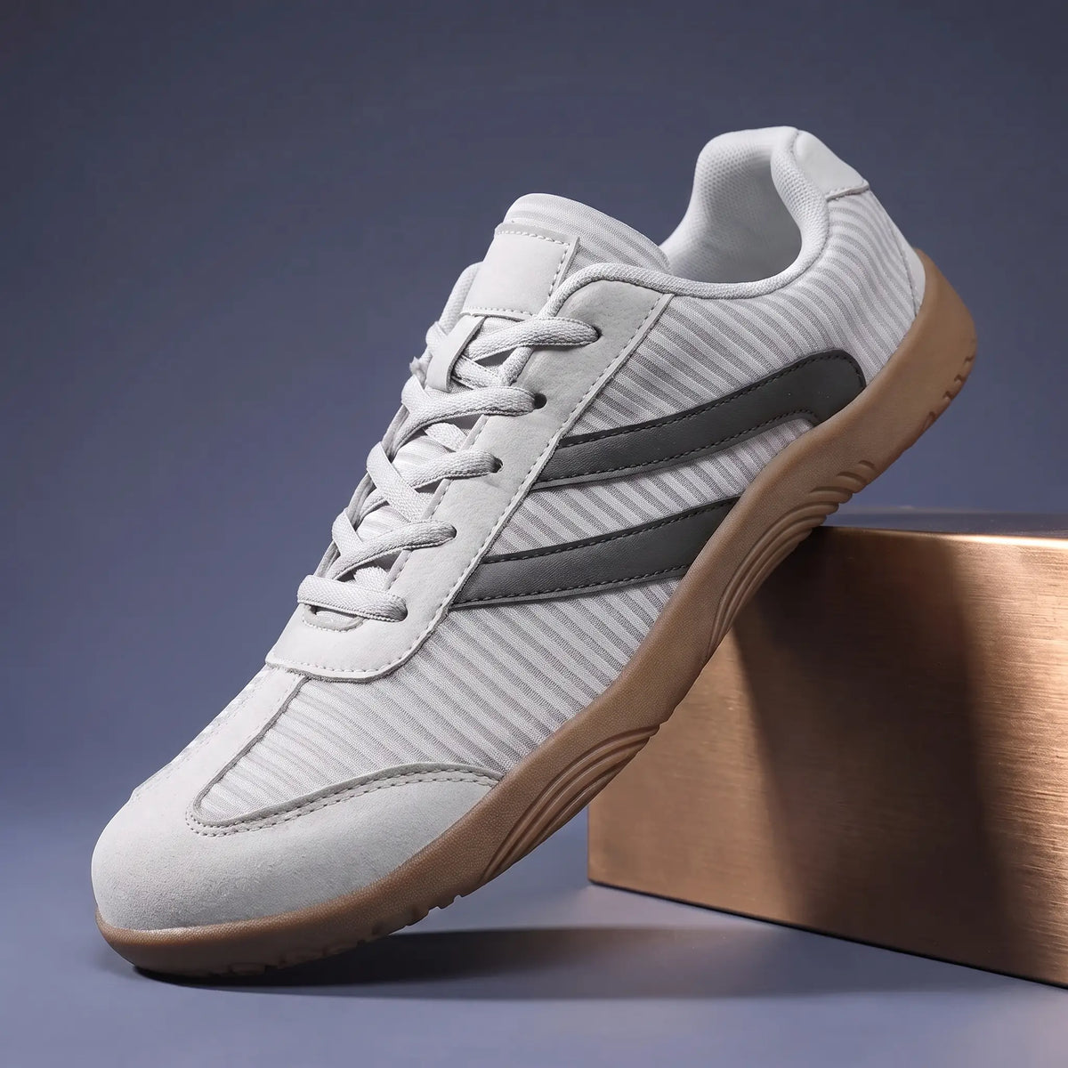 Gray wide toe barefoot sneakers with charcoal stripes and thin gum rubber sole