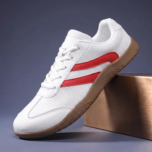 White wide toe barefoot sneakers with red stripes and thin gum rubber sole