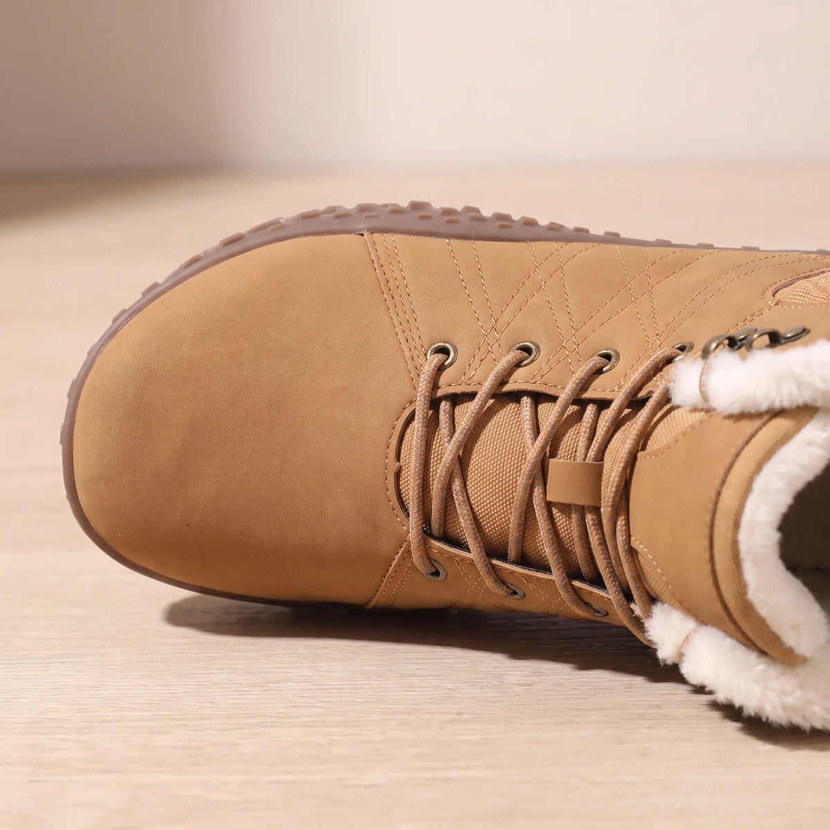 Wide Toe Boots in Tan, front half close-up showing the wide toe and laces