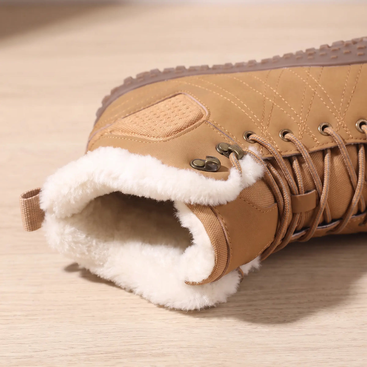 Wide Toe Boots in Tan, fleece collar, speed hooks and pull loop close-up
