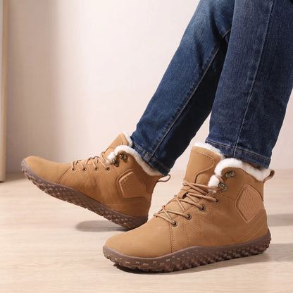Wide Toe Boots in Tan worn as a pair with jeans
