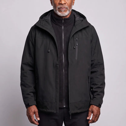 Men's black waterproof hooded hiking jacket worn open over a black zip-in fleece