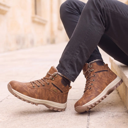 Winter Hiking Boots in Brown worn as a pair with dark chinos