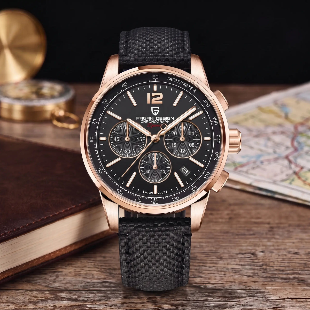 WOVEN STRAP CHRONOGRAPH Rose Gold Black - men's chronograph watch, rose gold case, black dial, black woven strap