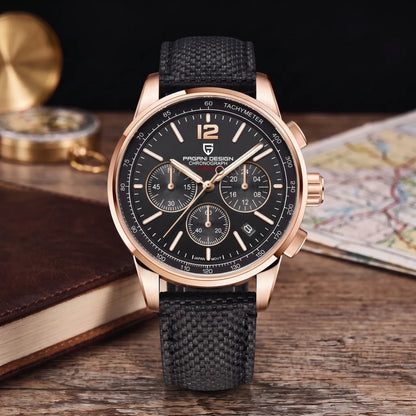 WOVEN STRAP CHRONOGRAPH Rose Gold Black - men's chronograph watch, rose gold case, black dial, black woven strap