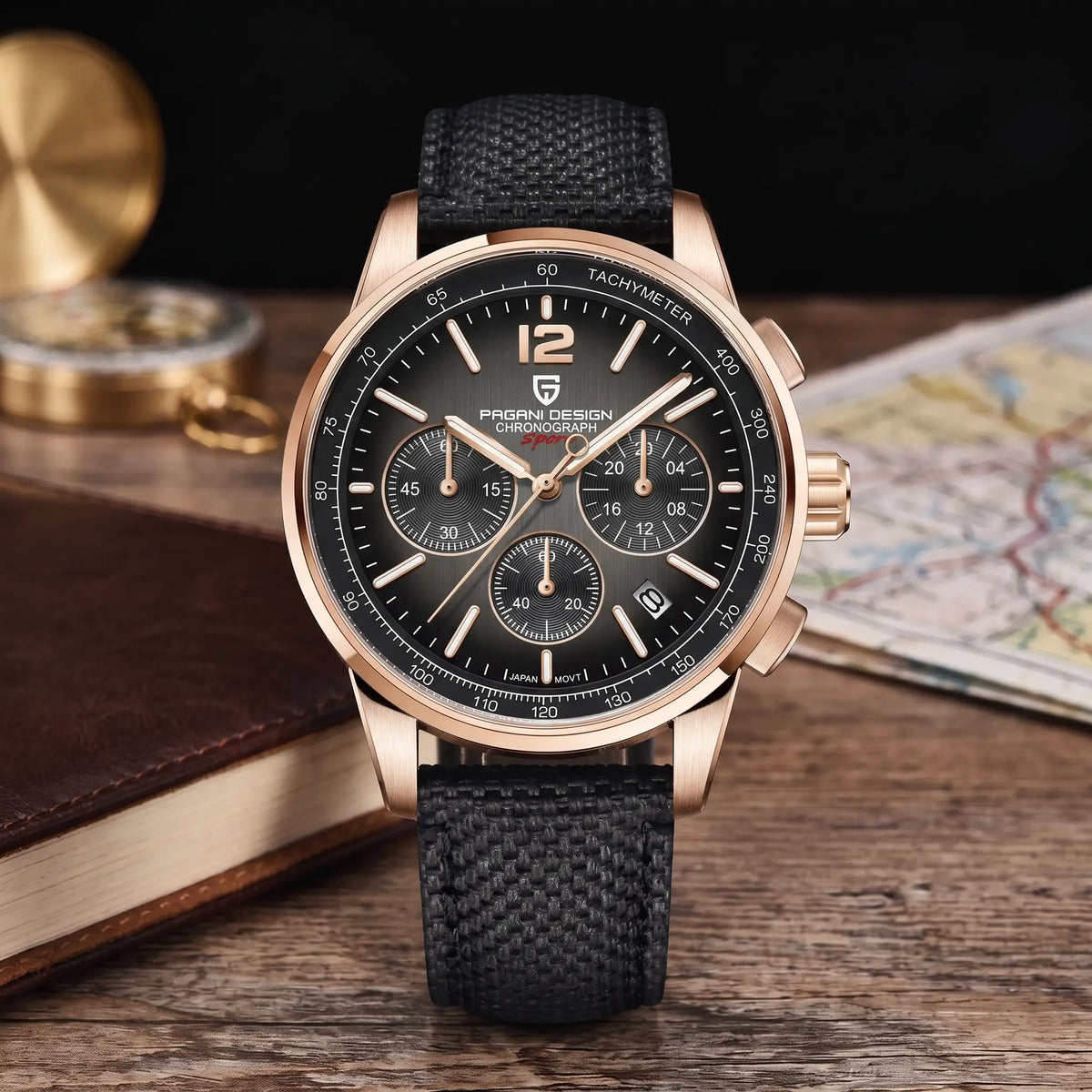 WOVEN STRAP CHRONOGRAPH Rose Gold Grey - men's chronograph watch, rose gold case, grey dial, black woven strap