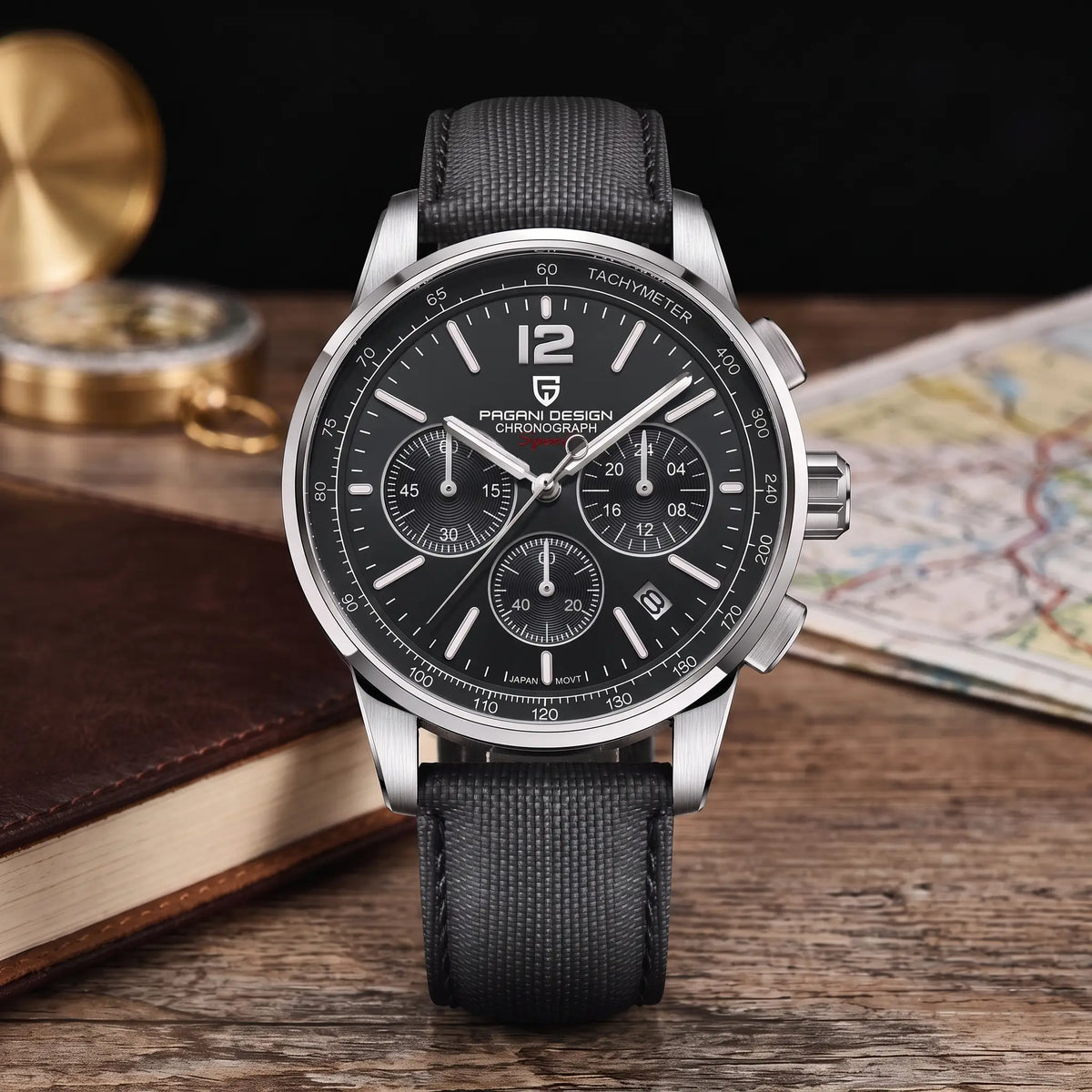 WOVEN STRAP CHRONOGRAPH Silver Black - men's chronograph watch, silver case, black dial, black woven strap