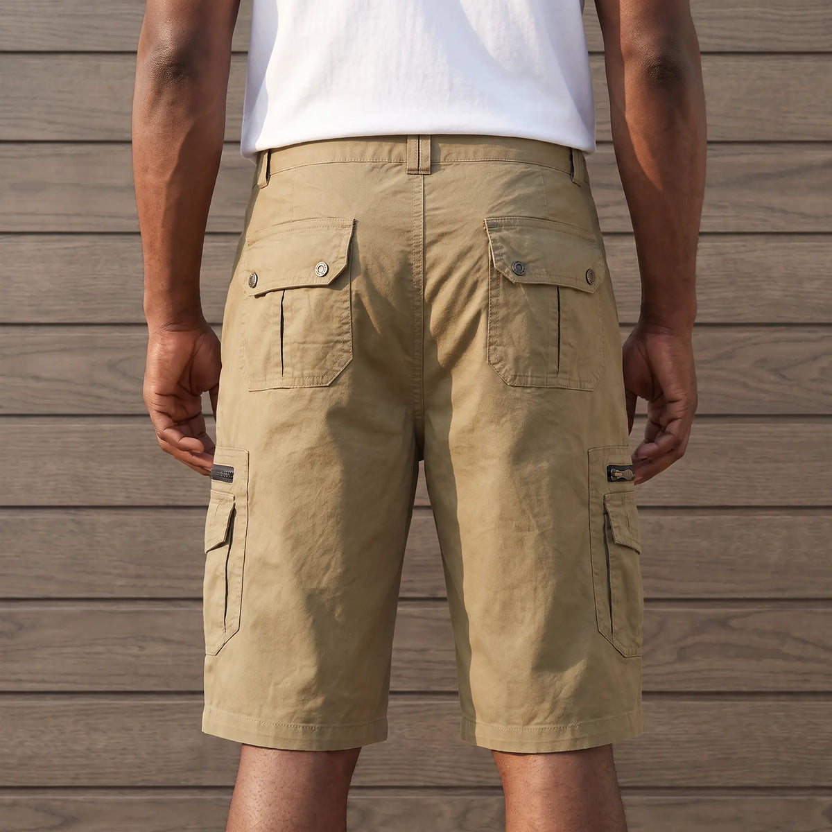 Zip Cargo Shorts worn, back view
