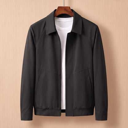 Zip front harrington jacket in black on a wooden hanger