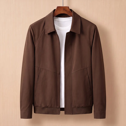 Zip front harrington jacket in brown on a wooden hanger