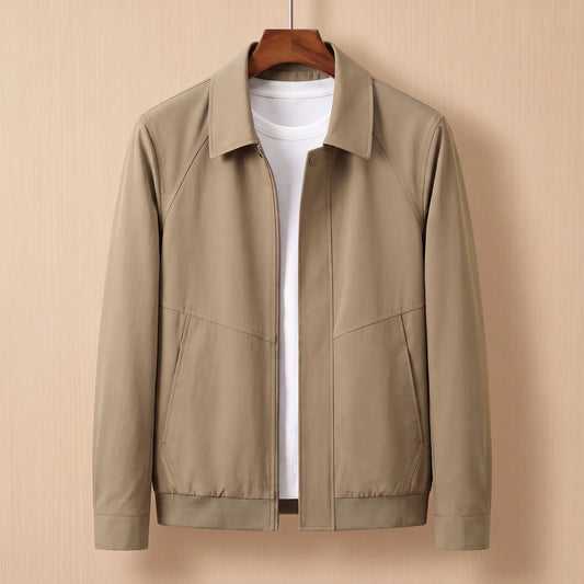 Zip front harrington jacket in khaki on a wooden hanger