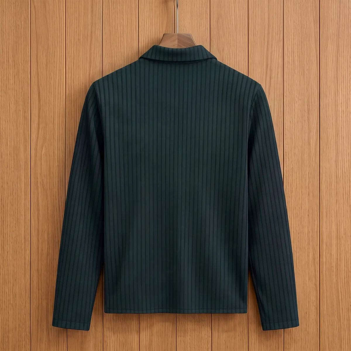 Back view of green long-sleeve rib-knit polo on a wooden hanger