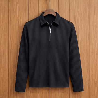Men's black long-sleeve rib-knit zip neck polo with pointed collar on a wooden hanger