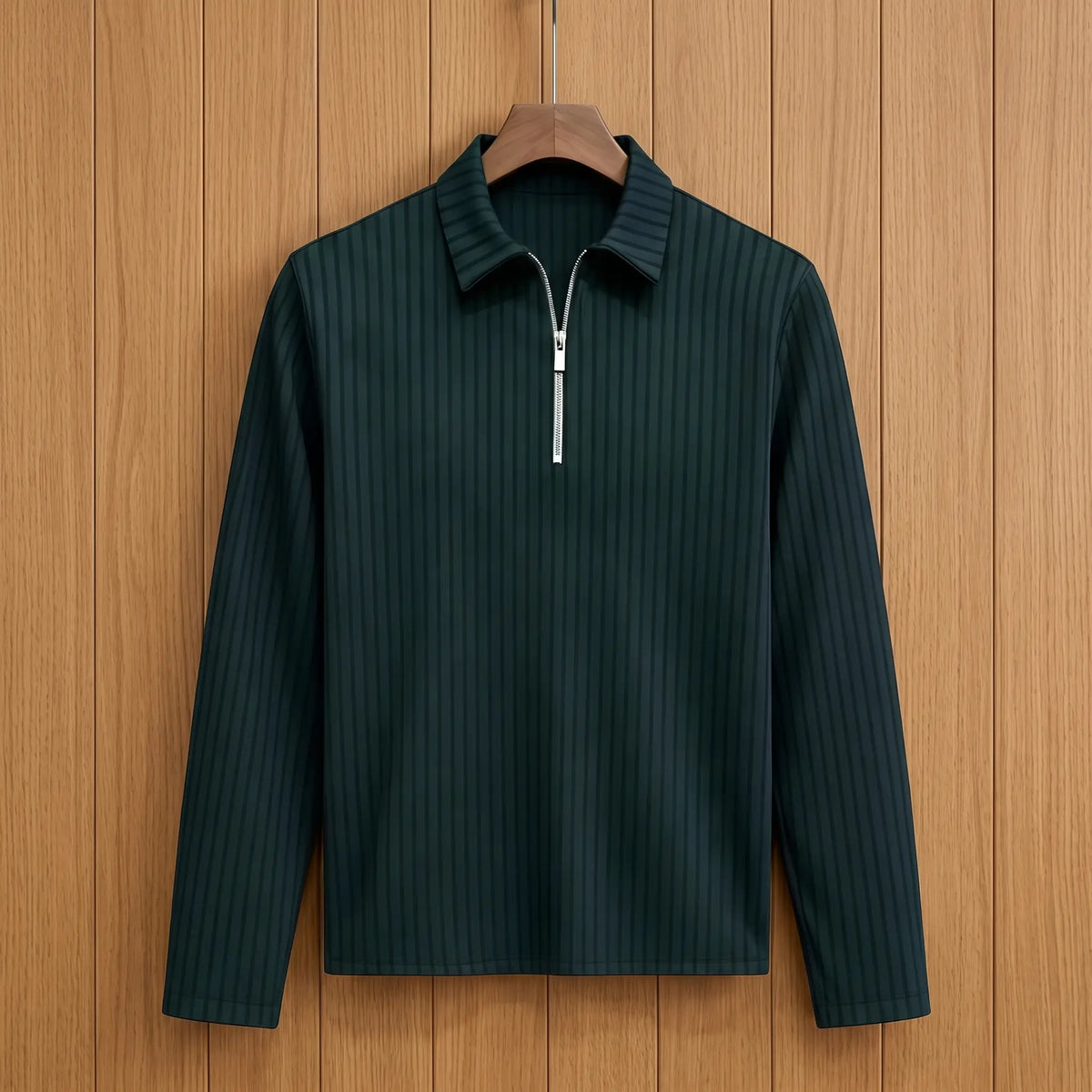Men's green long-sleeve rib-knit zip neck polo with pointed collar on a wooden hanger