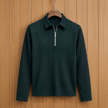Men's green long-sleeve rib-knit zip neck polo with pointed collar on a wooden hanger