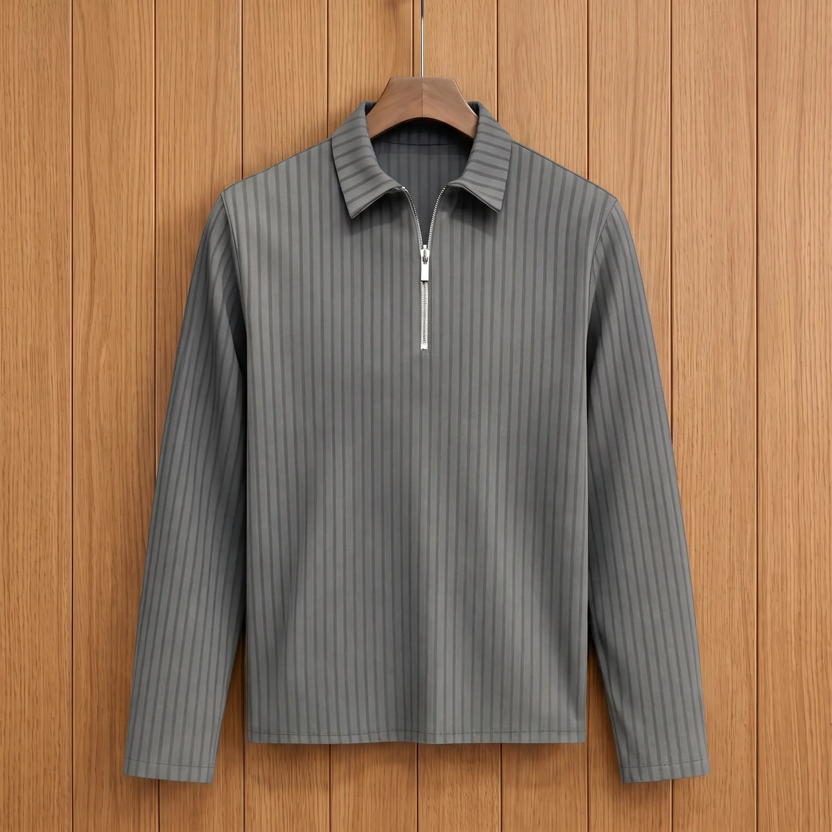 Men's grey long-sleeve rib-knit zip neck polo with pointed collar on a wooden hanger